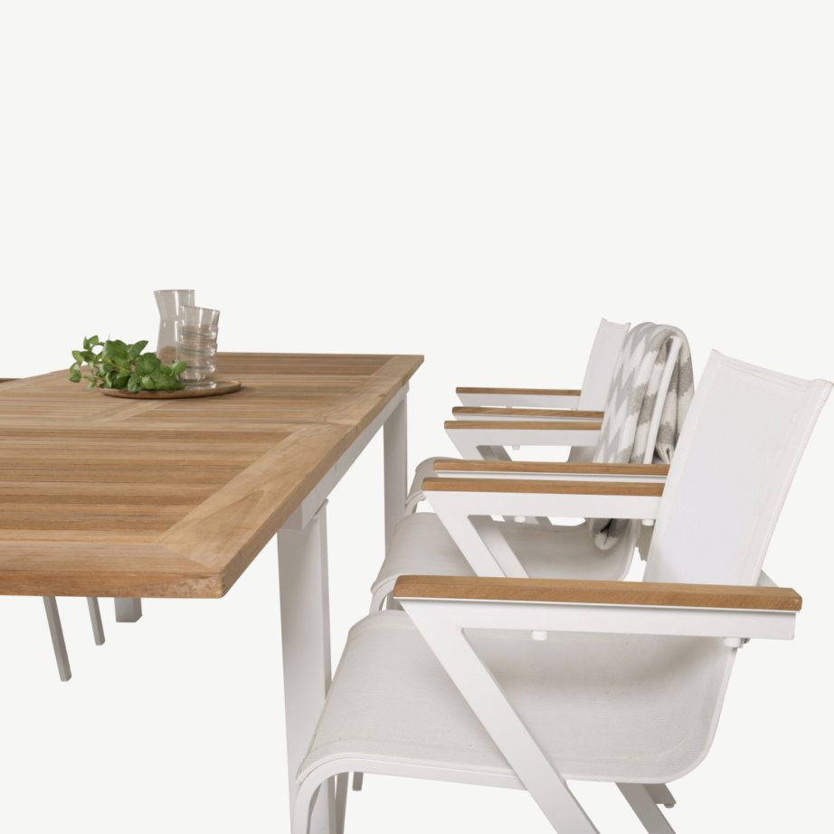 Aiamööblikomplekt Panama – laiendatav tiigipuust laud ja 6 valge raamiga virnastatavat tooli, GR18956 – 6