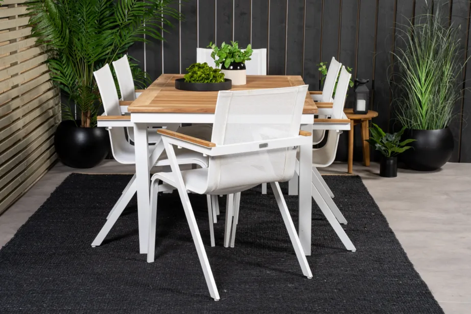 Aiamööblikomplekt Panama – laiendatav tiigipuust laud ja 6 valge raamiga virnastatavat tooli, GR18956 – 7