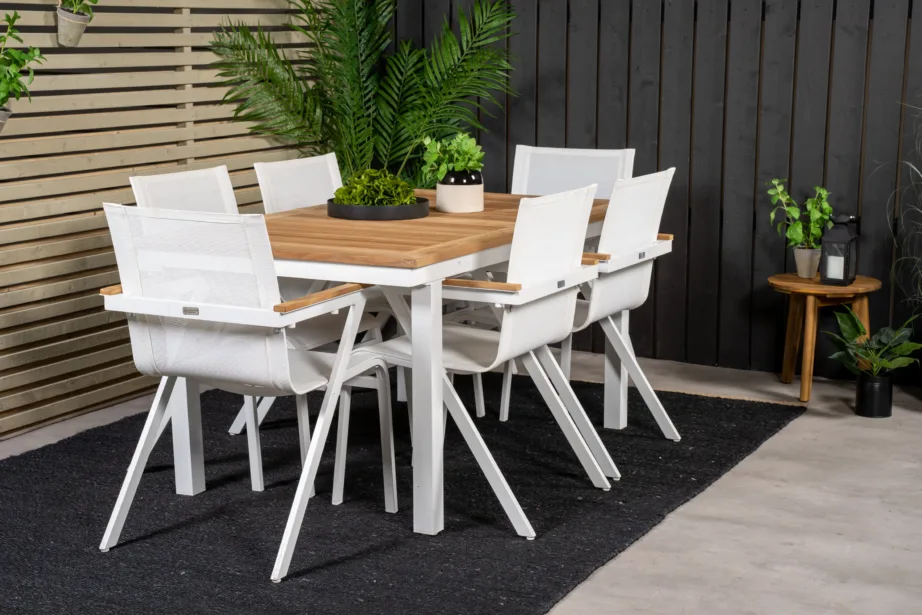 Aiamööblikomplekt Panama – laiendatav tiigipuust laud ja 6 valge raamiga virnastatavat tooli, GR18956 – 8