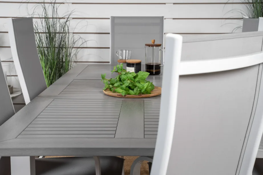 Pikendatav aiakomplekt Albany – valge alumiinium, hall aintwood laud ja reguleeritavad Copacabana toolid, GR18975 – 10