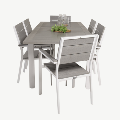 Albany aiakomplekt: ristkülikukujuline laud ja 6 virnastatavat tooli (alumiinium, hall Aintwood) - GR18977