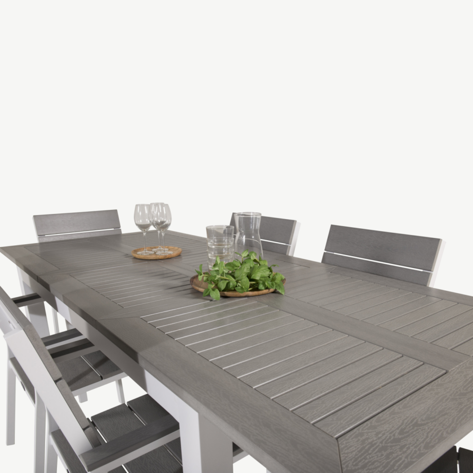 Albany aiakomplekt: ristkülikukujuline laud ja 6 virnastatavat tooli (alumiinium, hall Aintwood), GR18977 – 5