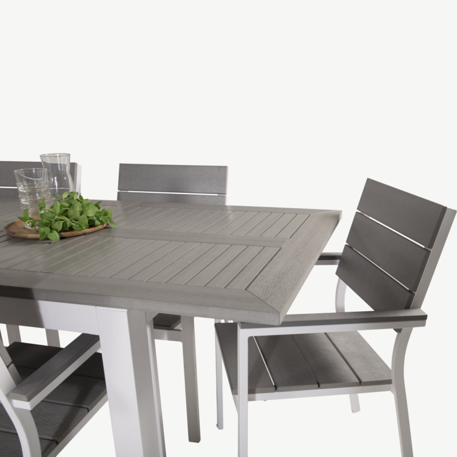 Albany aiakomplekt: ristkülikukujuline laud ja 6 virnastatavat tooli (alumiinium, hall Aintwood), GR18977 – 6