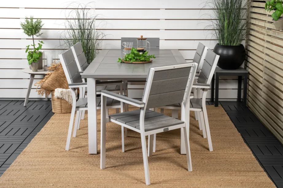 Albany aiakomplekt: ristkülikukujuline laud ja 6 virnastatavat tooli (alumiinium, hall Aintwood), GR18977 – 7