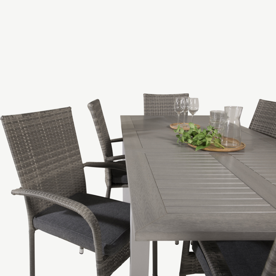 Laiendatav aiamööblikomplekt Albany – hall aintwood laud ja 6 virnastatavat punutud tooli, GR18987 – 6