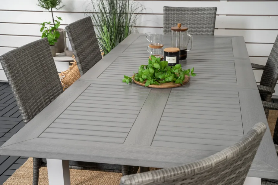 Laiendatav aiamööblikomplekt Albany – hall aintwood laud ja 6 virnastatavat punutud tooli, GR18987 – 9