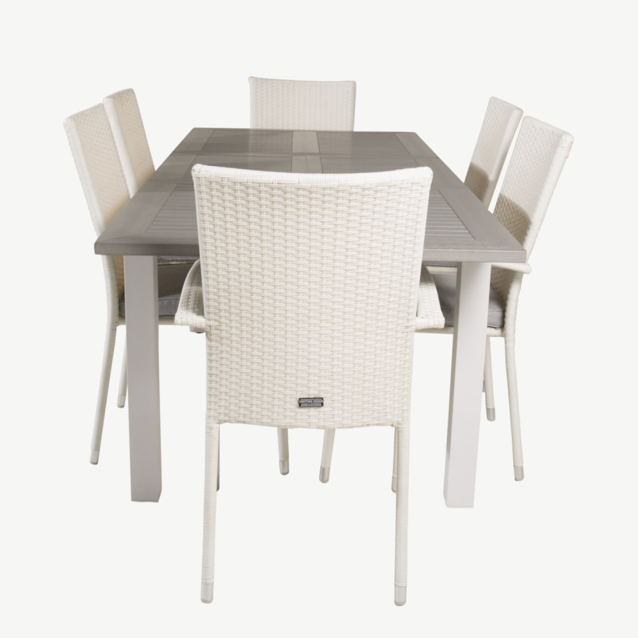 Pikendatav aiasöögilaud Albany halli lauaplaadiga ja valged Anna toolid (6 tk), GR18989 – 2