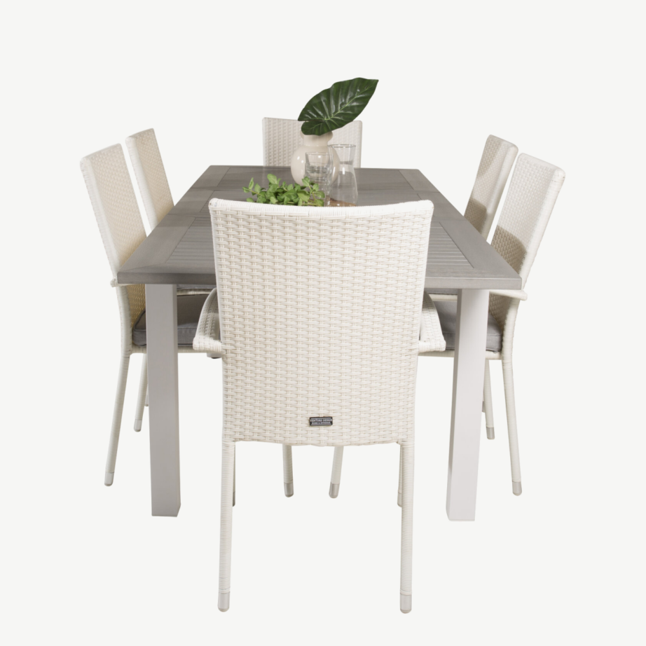 Pikendatav aiasöögilaud Albany halli lauaplaadiga ja valged Anna toolid (6 tk), GR18989 – 3