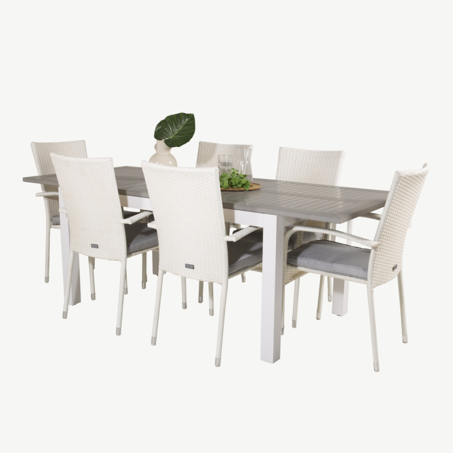 Pikendatav aiasöögilaud Albany halli lauaplaadiga ja valged Anna toolid (6 tk), GR18989 – 4