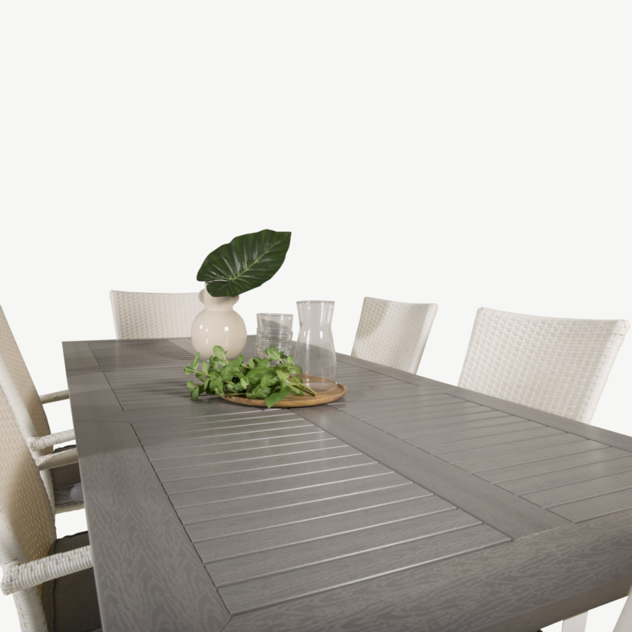 Pikendatav aiasöögilaud Albany halli lauaplaadiga ja valged Anna toolid (6 tk), GR18989 – 5