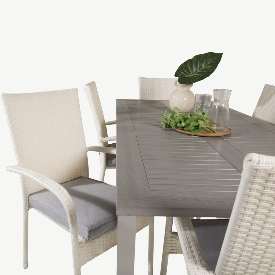 Pikendatav aiasöögilaud Albany halli lauaplaadiga ja valged Anna toolid (6 tk), GR18989 – 6