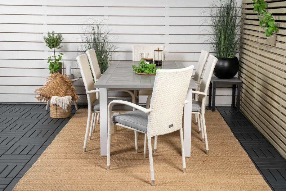 Pikendatav aiasöögilaud Albany halli lauaplaadiga ja valged Anna toolid (6 tk), GR18989 – 7