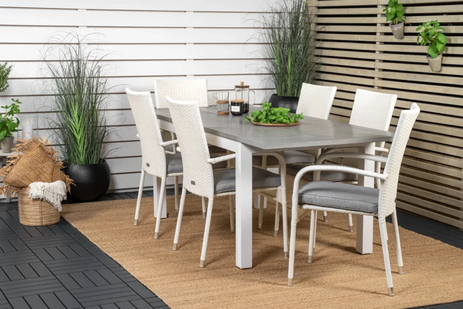 Pikendatav aiasöögilaud Albany halli lauaplaadiga ja valged Anna toolid (6 tk), GR18989 – 8