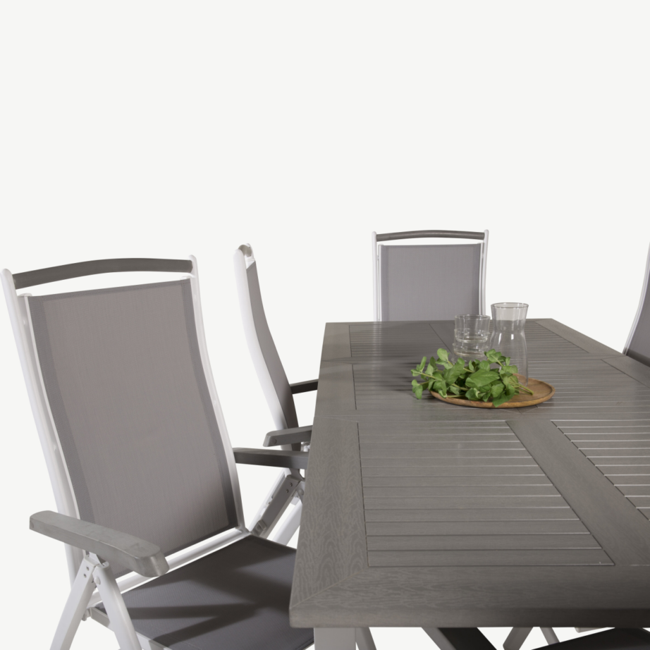 Albany ristkülikukujuline hall aiakomplekt alumiiniumraamiga – puitplastkomposiitlaud ja reguleeritavad toolid (tekstileen), GR18991 – 5