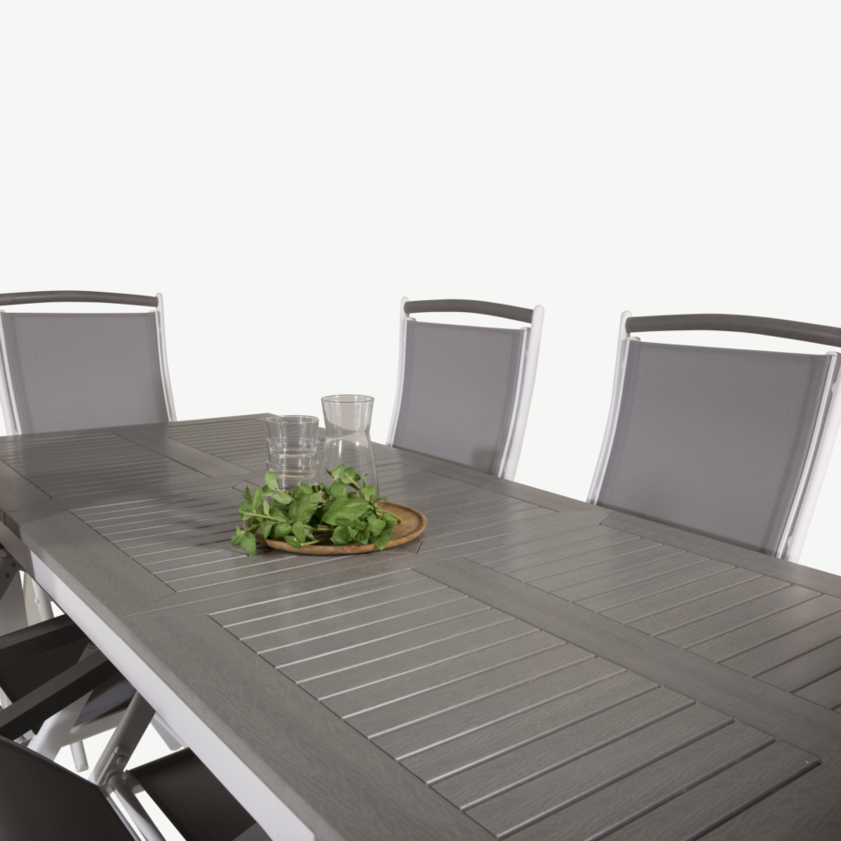 Albany ristkülikukujuline hall aiakomplekt alumiiniumraamiga – puitplastkomposiitlaud ja reguleeritavad toolid (tekstileen), GR18991 – 6