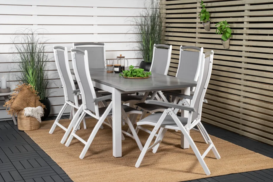 Albany ristkülikukujuline hall aiakomplekt alumiiniumraamiga – puitplastkomposiitlaud ja reguleeritavad toolid (tekstileen), GR18991 – 8