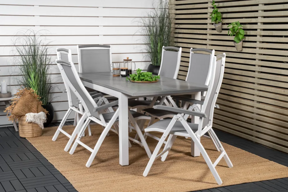 Albany ristkülikukujuline hall aiakomplekt alumiiniumraamiga – puitplastkomposiitlaud ja reguleeritavad toolid (tekstileen), GR18991 – 9