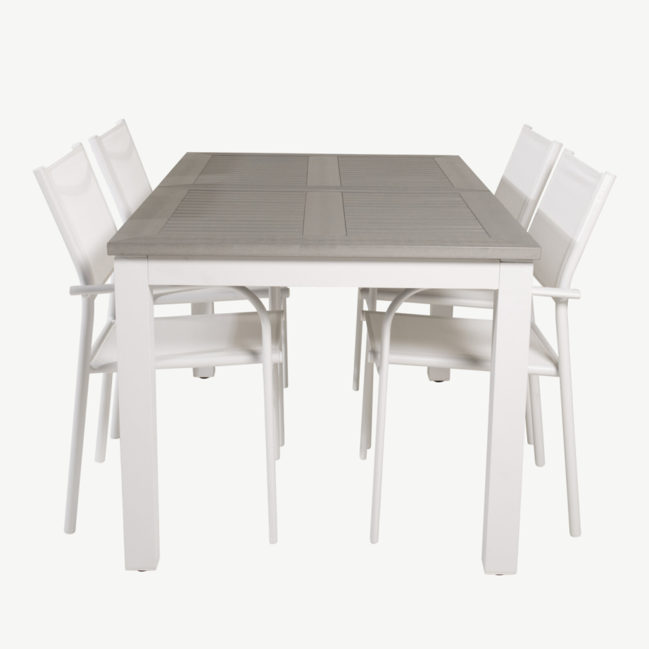 Pikendatav hall aiasöögilaud Albany puitplastkomposiidist valgete alumiiniumtoolidega Santorini, GR18994 – 2
