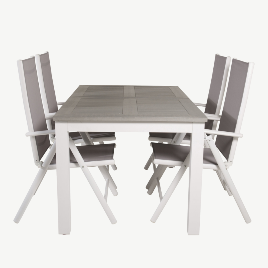 Laiendatav valge aiakomplekt Albany – alumiiniumist raam, hall puitplastkomposiit, 4 kokkupandavat tooli, GR18996 – 2