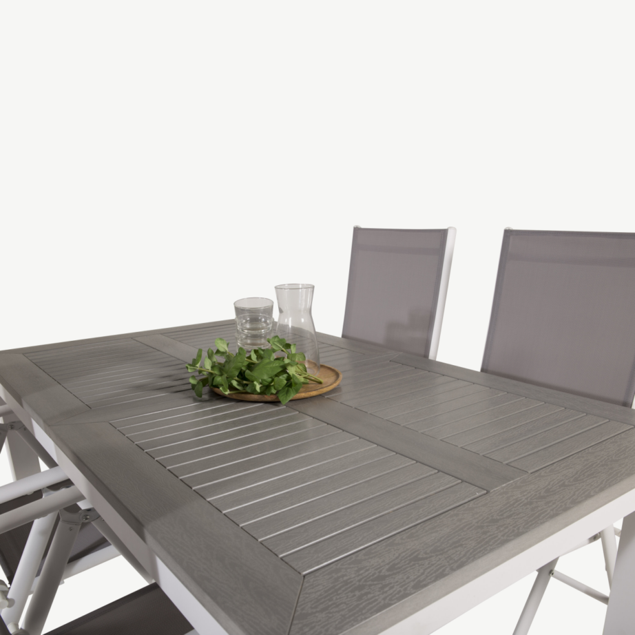 Laiendatav valge aiakomplekt Albany – alumiiniumist raam, hall puitplastkomposiit, 4 kokkupandavat tooli, GR18996 – 6