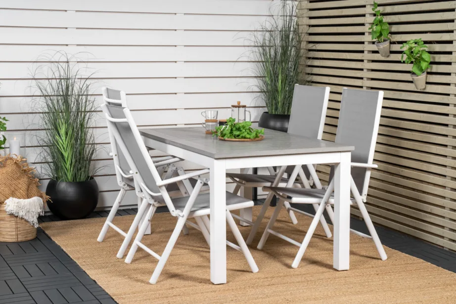 Laiendatav valge aiakomplekt Albany – alumiiniumist raam, hall puitplastkomposiit, 4 kokkupandavat tooli, GR18996 – 10