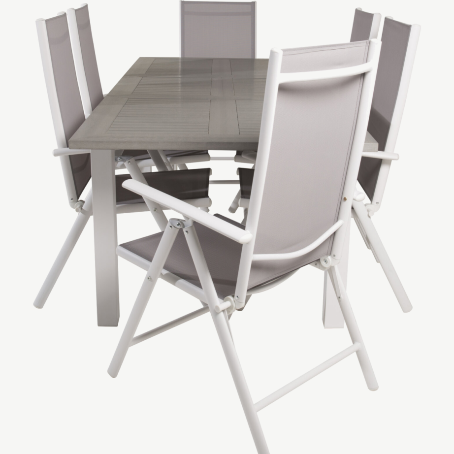 Albany söögilauakomplekt aeda (pikendatav laud, valge alumiinium, hall aintwood, kokkupandavad halli tekstileeniga toolid), GR18997 – 2