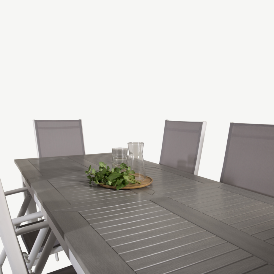 Albany söögilauakomplekt aeda (pikendatav laud, valge alumiinium, hall aintwood, kokkupandavad halli tekstileeniga toolid), GR18997 – 5