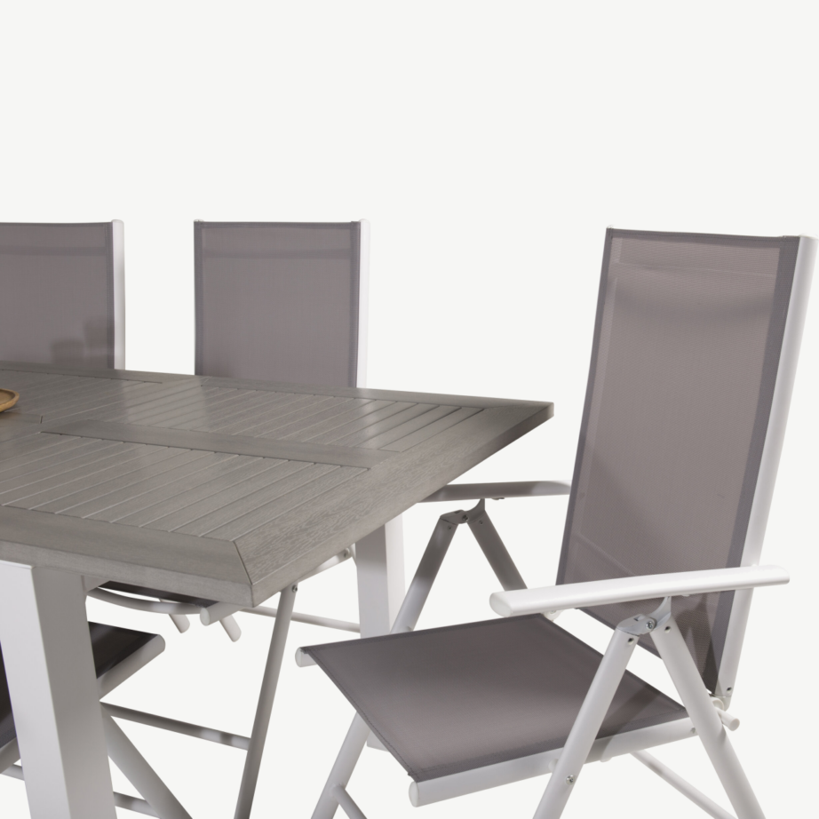 Albany söögilauakomplekt aeda (pikendatav laud, valge alumiinium, hall aintwood, kokkupandavad halli tekstileeniga toolid), GR18997 – 6