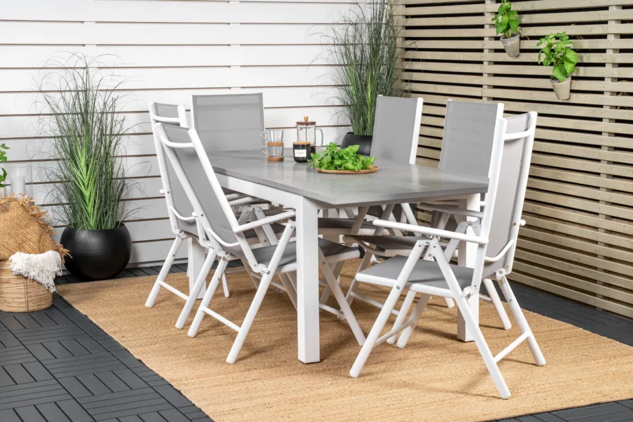 Albany söögilauakomplekt aeda (pikendatav laud, valge alumiinium, hall aintwood, kokkupandavad halli tekstileeniga toolid), GR18997 – 9