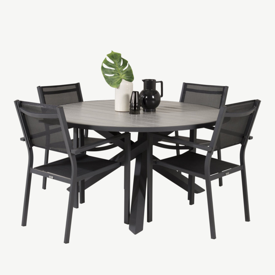 Parma ümmargune aiamööblikomplekt (puitplastkomposiit, alumiinium, 4 virnastatavat tooli, hall/must), GR19007 – 2