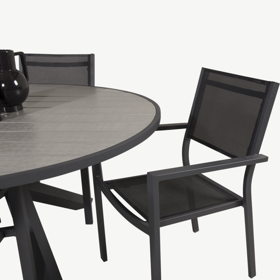 Parma ümmargune aiamööblikomplekt (puitplastkomposiit, alumiinium, 4 virnastatavat tooli, hall/must), GR19007 – 3