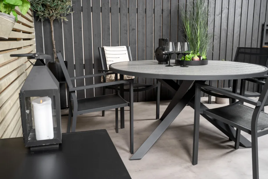 Parma ümmargune aiamööblikomplekt (puitplastkomposiit, alumiinium, 4 virnastatavat tooli, hall/must), GR19007 – 5