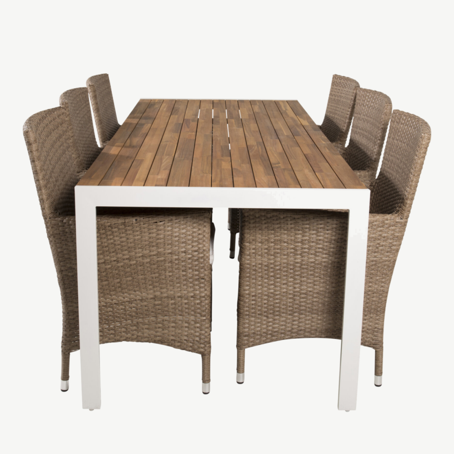 Bois ristkülikukujuline aiamööbli komplekt (akaatsiapuit, valge alumiinium, 6 rotangist tooli padjaga), GR19011 – 2