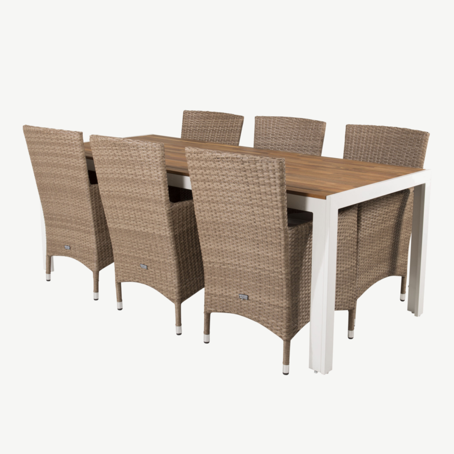 Bois ristkülikukujuline aiamööbli komplekt (akaatsiapuit, valge alumiinium, 6 rotangist tooli padjaga), GR19011 – 3