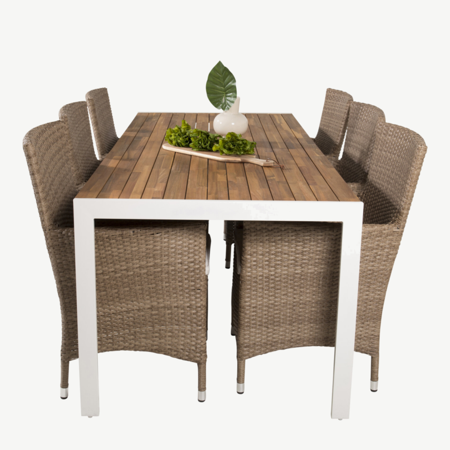 Bois ristkülikukujuline aiamööbli komplekt (akaatsiapuit, valge alumiinium, 6 rotangist tooli padjaga), GR19011 – 4