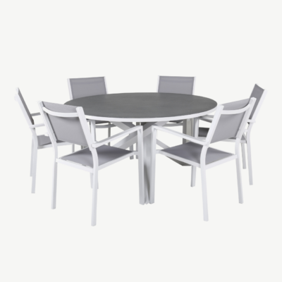 Copacabana ümmargune aiamööbli komplekt, valge alumiiniumraam, hall spraystone laua plaat, hall textilene, ø140 cm - GR19013