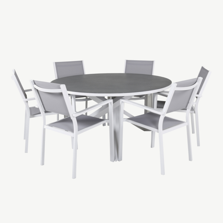 Copacabana ümmargune aiamööbli komplekt, valge alumiiniumraam, hall spraystone laua plaat, hall textilene, ø140 cm - GR19013