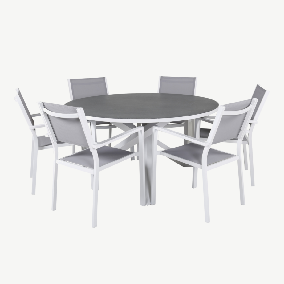 Copacabana ümmargune aiamööbli komplekt, valge alumiiniumraam, hall spraystone laua plaat, hall textilene, ø140 cm, GR19013