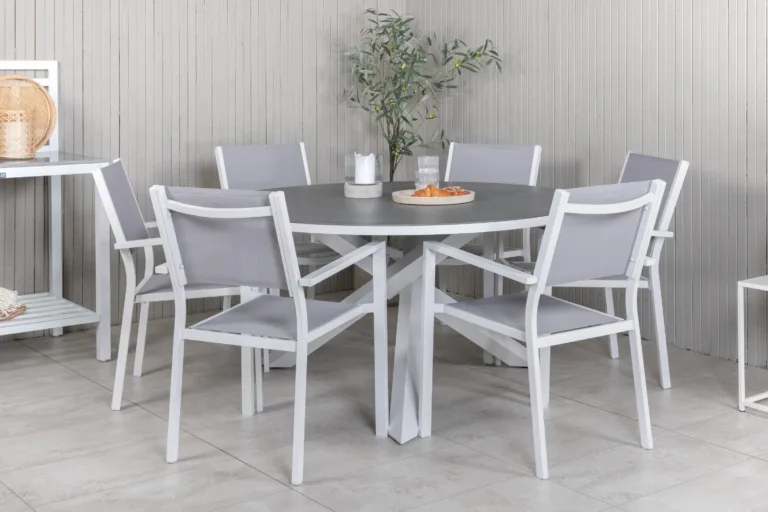 Copacabana ümmargune aiamööbli komplekt, valge alumiiniumraam, hall spraystone laua plaat, hall textilene, ø140 cm - GR19013