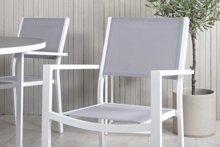 Copacabana ümmargune aiamööbli komplekt, valge alumiiniumraam, hall spraystone laua plaat, hall textilene, ø140 cm - GR19013