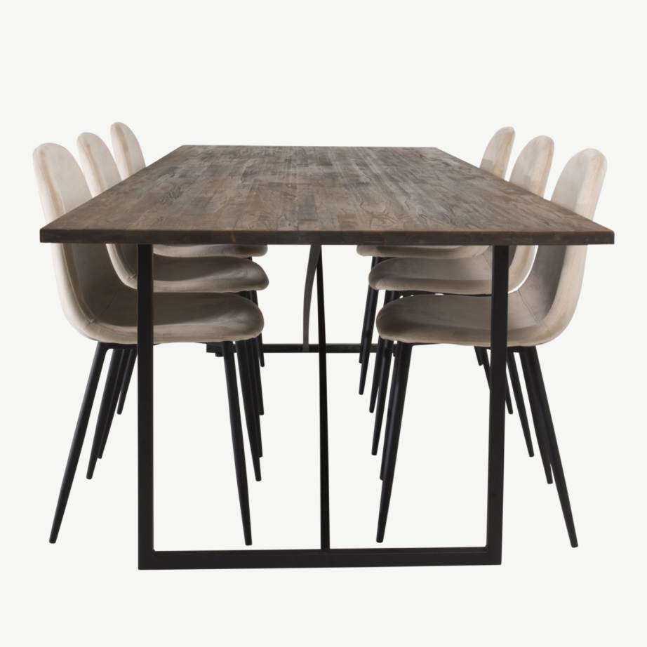 Padangi tiikpuust söögilaud musta terasalusega ja beežide velvettoolidega, GR19119 – 2