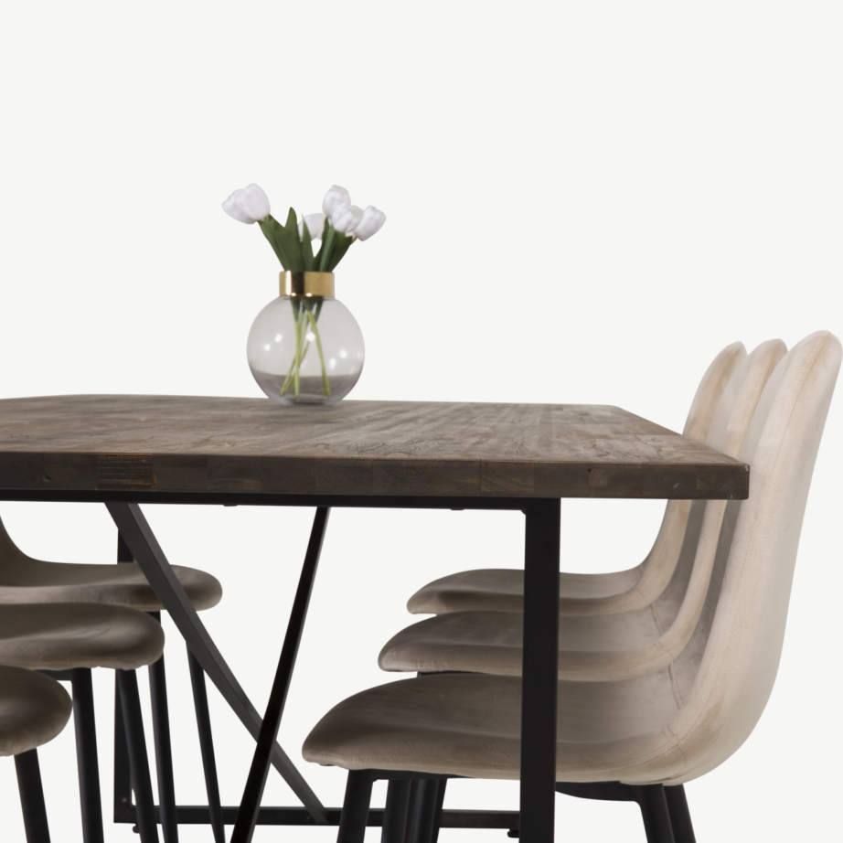 Padangi tiikpuust söögilaud musta terasalusega ja beežide velvettoolidega, GR19119 – 3