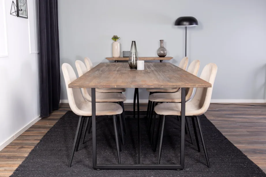 Padangi tiikpuust söögilaud musta terasalusega ja beežide velvettoolidega, GR19119 – 5