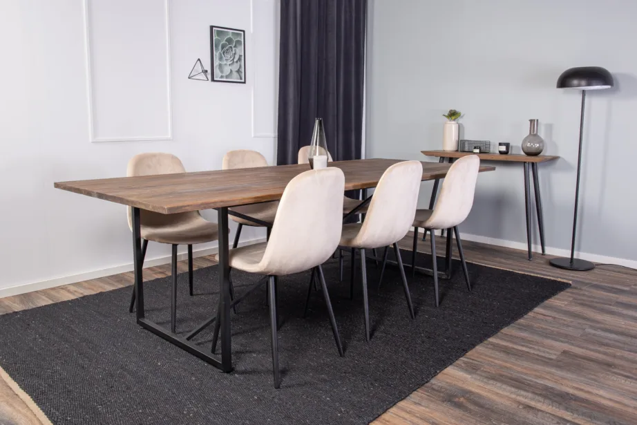 Padangi tiikpuust söögilaud musta terasalusega ja beežide velvettoolidega, GR19119 – 6