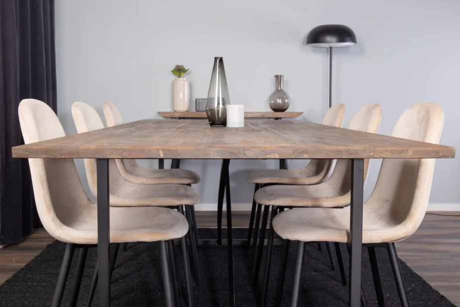 Padangi tiikpuust söögilaud musta terasalusega ja beežide velvettoolidega, GR19119 – 8