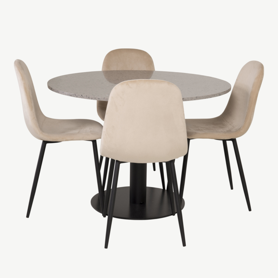 Ümmargune terazzo söögilaua komplekt Razzia, hall 106 cm ja Polar toolid beežis sametis, GR19141 – 2