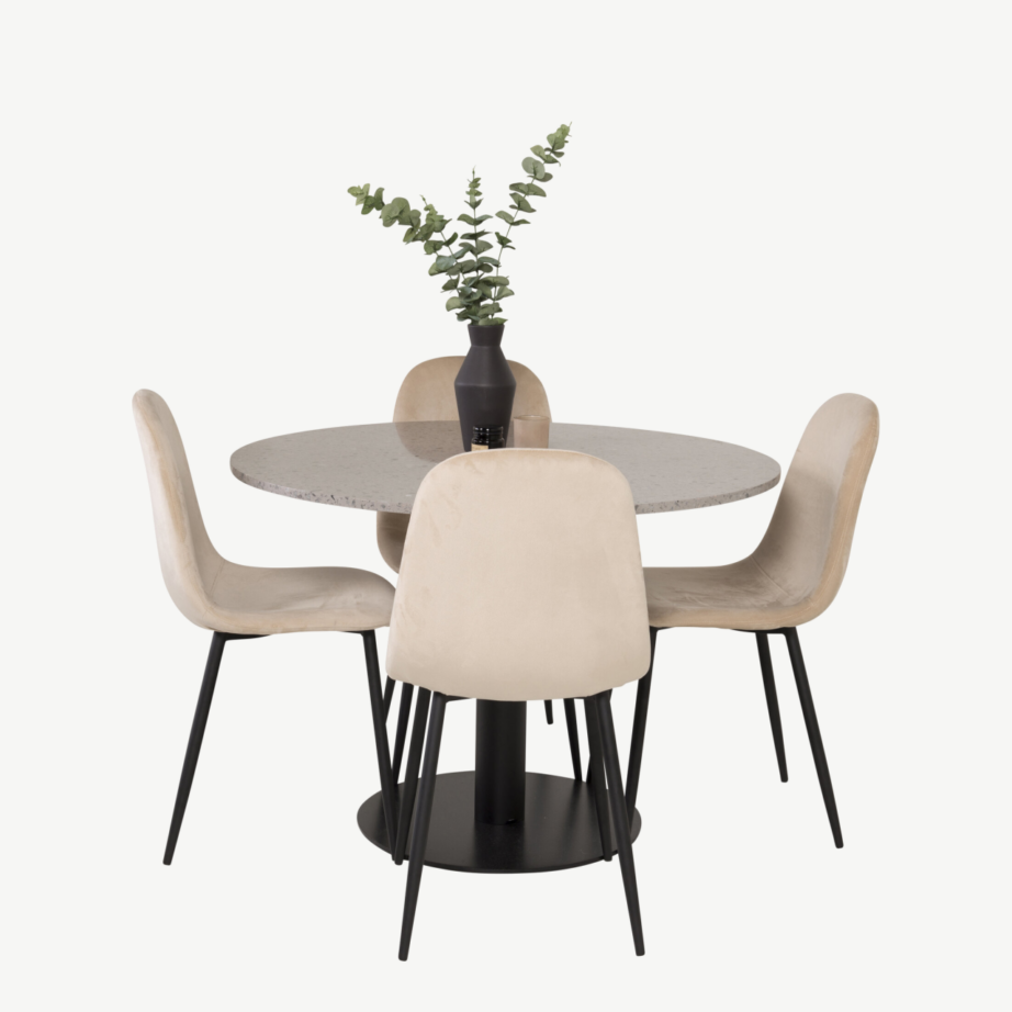 Ümmargune terazzo söögilaua komplekt Razzia, hall 106 cm ja Polar toolid beežis sametis, GR19141 – 3