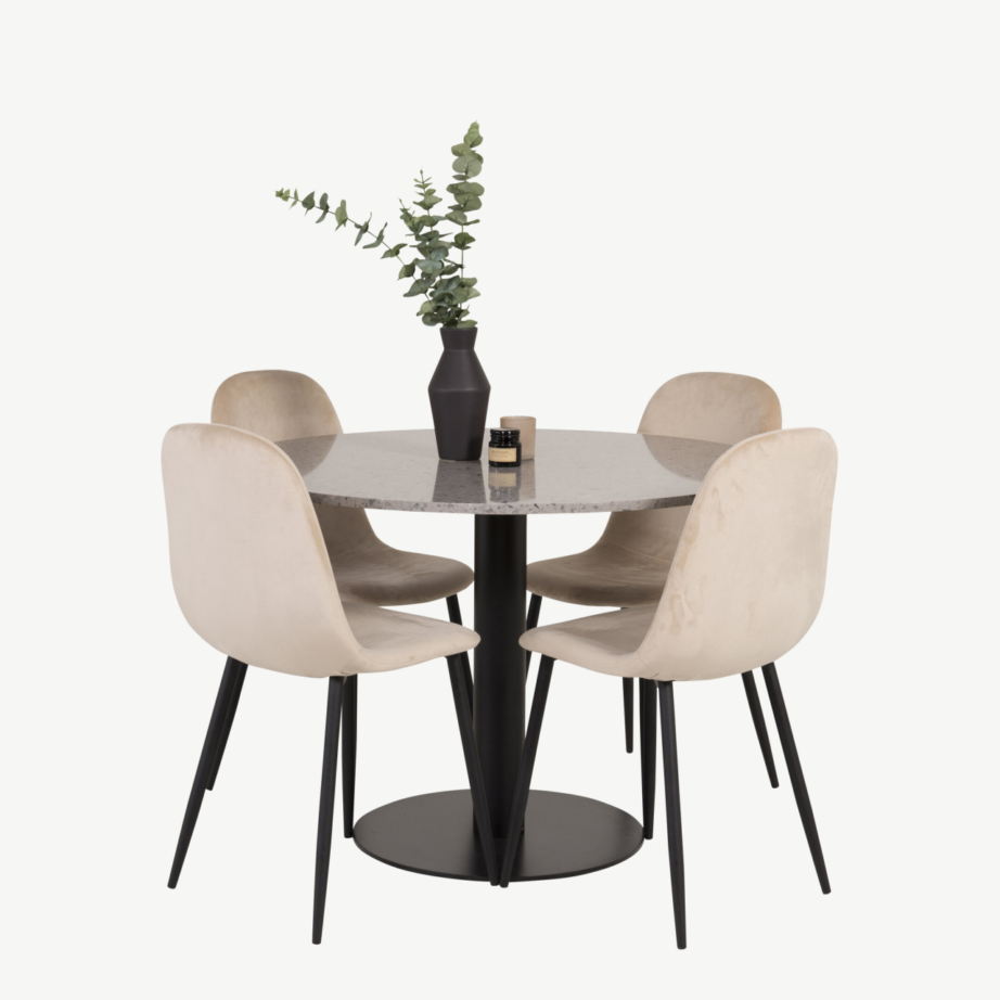 Ümmargune terazzo söögilaua komplekt Razzia, hall 106 cm ja Polar toolid beežis sametis, GR19141 – 4