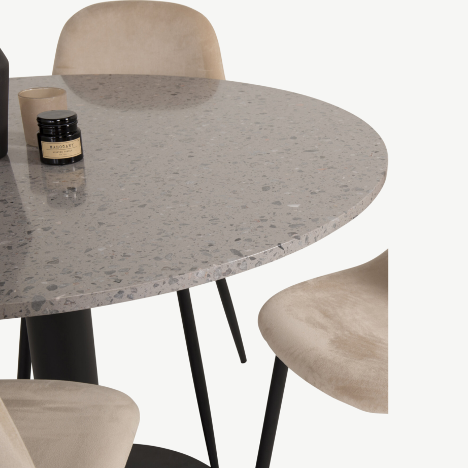 Ümmargune terazzo söögilaua komplekt Razzia, hall 106 cm ja Polar toolid beežis sametis, GR19141 – 5