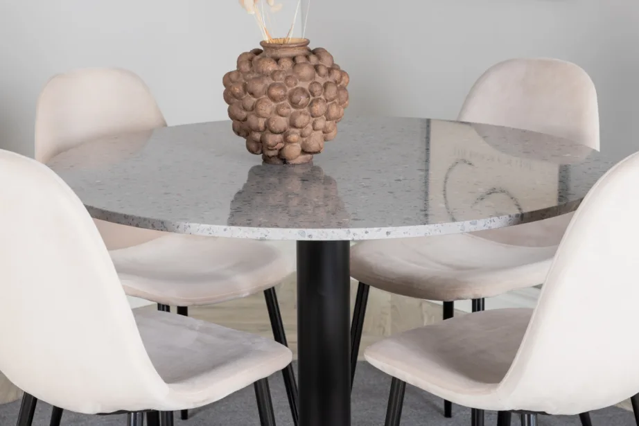 Ümmargune terazzo söögilaua komplekt Razzia, hall 106 cm ja Polar toolid beežis sametis, GR19141 – 7